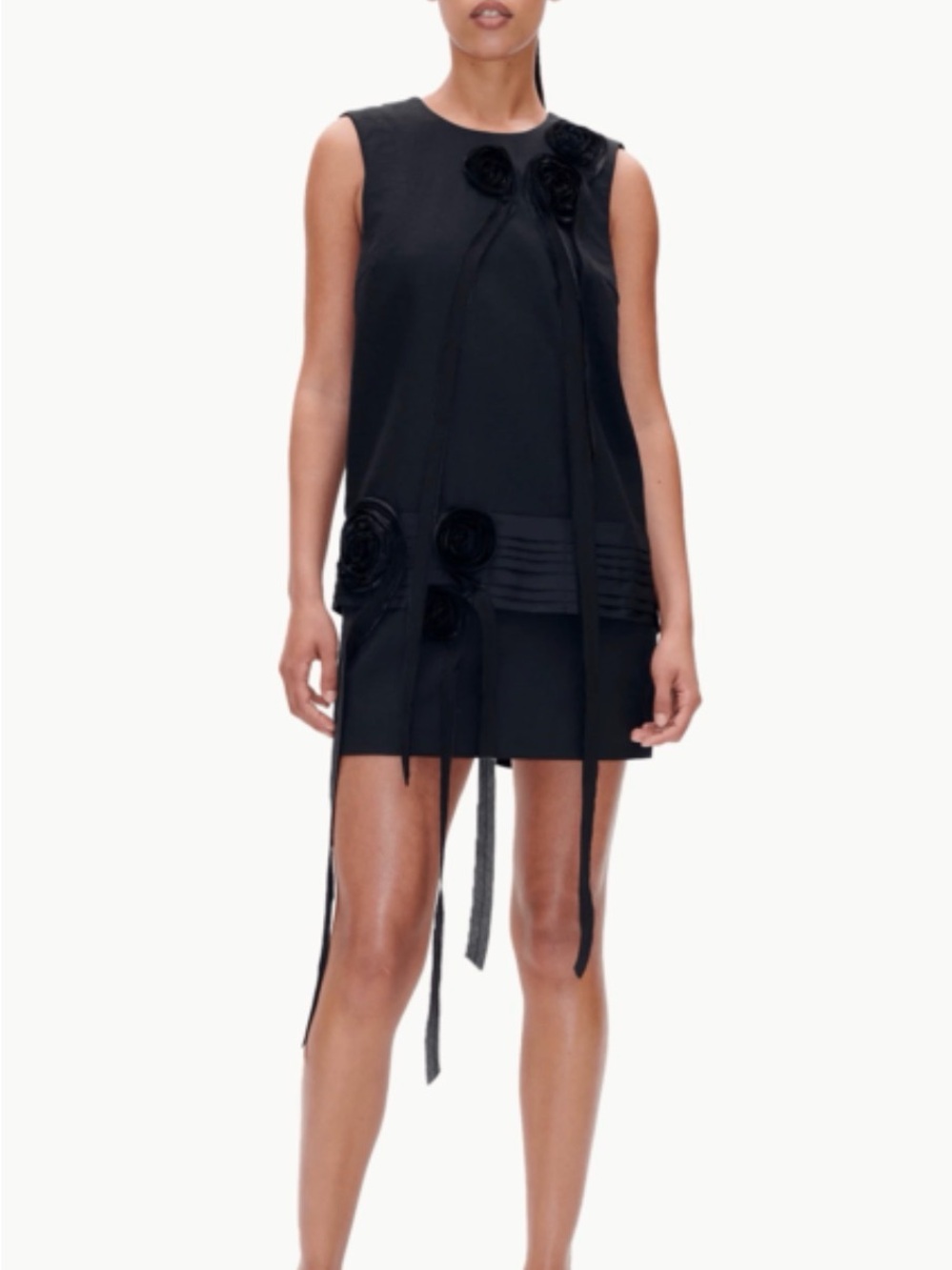 Baum und pferdgarten Sleeveless Black Mini Dress with Floral Ribbon Accents